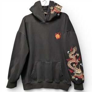 Niepce Dragon Embroidered Hoodie Mens Medium Oversized Japanese Streetwear Black